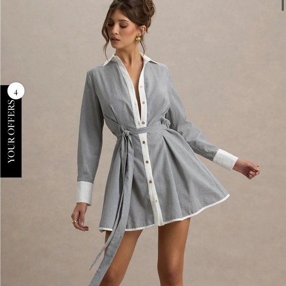 Club L London Dresses & Skirts - Club L BEATRIZ Grey Linen Pinstripe Mini Shirt Dress Long Sleeves Belted Sz 2